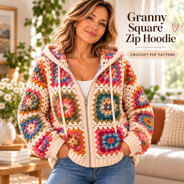 Granny Square Zip Hoodie Crochet Pattern PDF | Hooded Cardigan Pattern