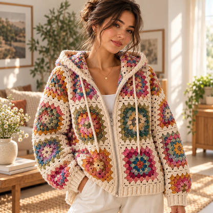 Granny Square Zip Hoodie Crochet Pattern PDF | Hooded Cardigan Pattern