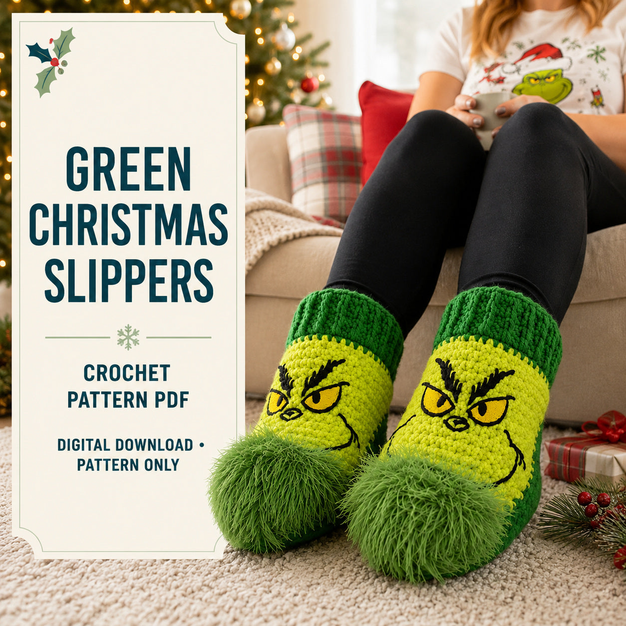 Green Christmas Slippers Crochet Pattern PDF | Cozy Holiday Socks