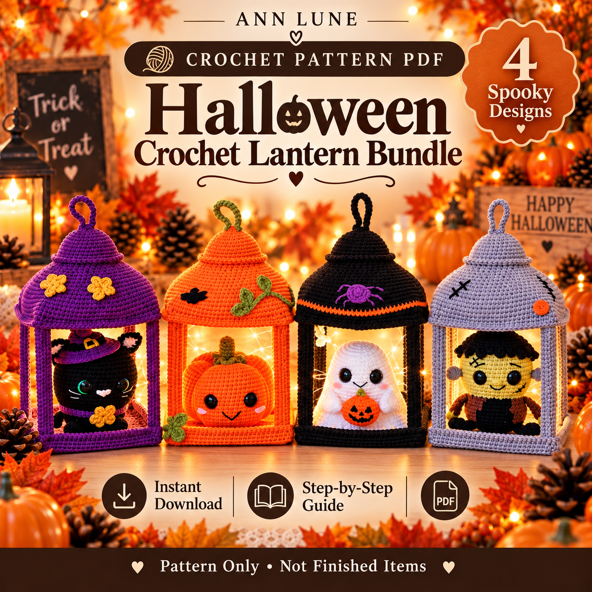 Halloween Crochet Lantern Pattern Bundle PDF – 4 Spooky Amigurumi Designs