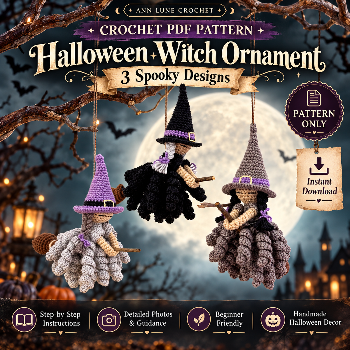 Halloween Witch Ornament Crochet Pattern PDF | 3 Spooky Witch Designs