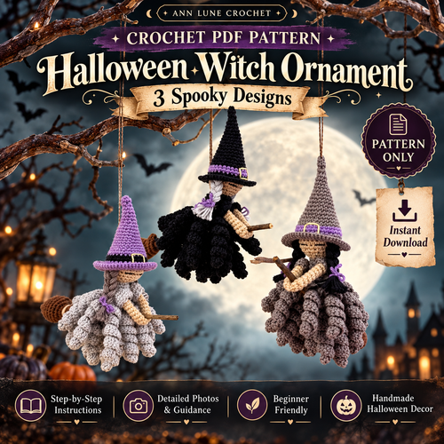 Halloween Witch Ornament Crochet Pattern PDF | 3 Spooky Witch Designs