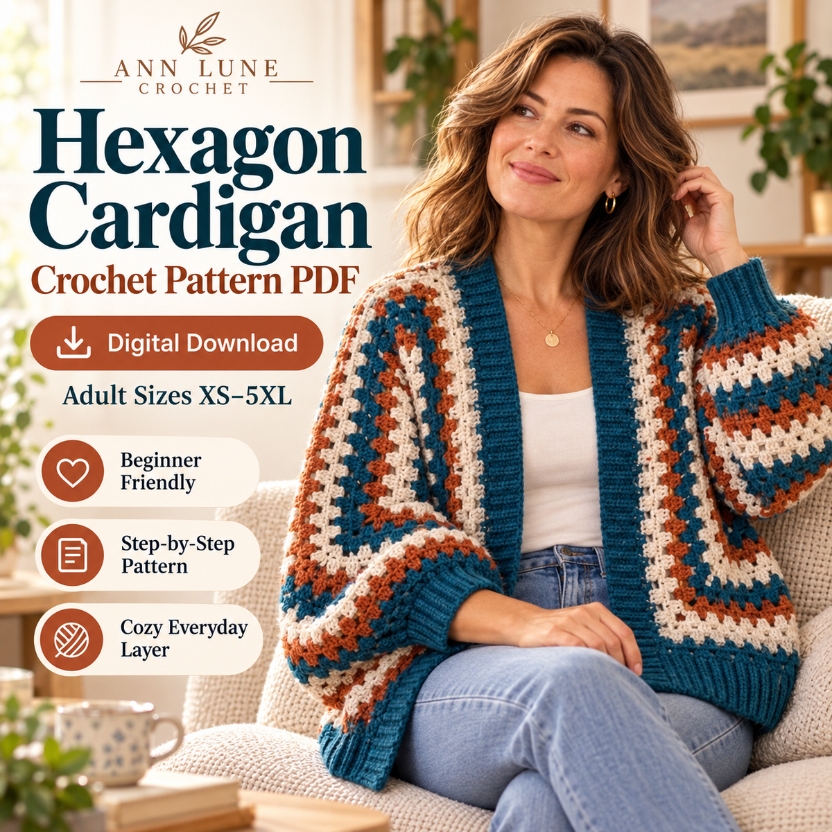 Hexagon Cardigan Crochet Pattern PDF – Oversized Granny Stitch Cardigan XS–5XL