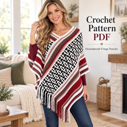 Houndstooth Fringe Poncho Crochet Pattern PDF
