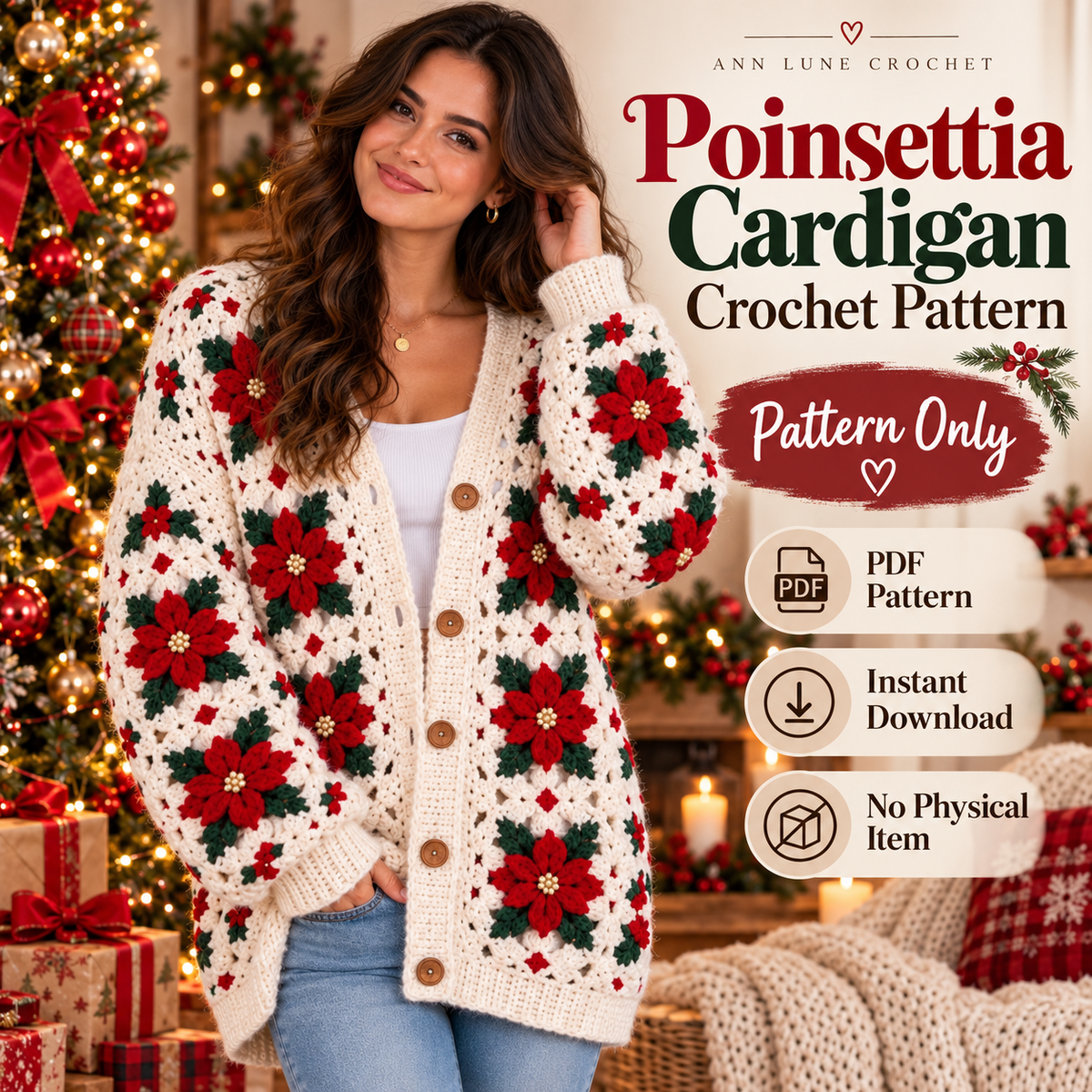Christmas Poinsettia Cardigan Crochet Pattern – Floral Granny Square Cardigan PDF