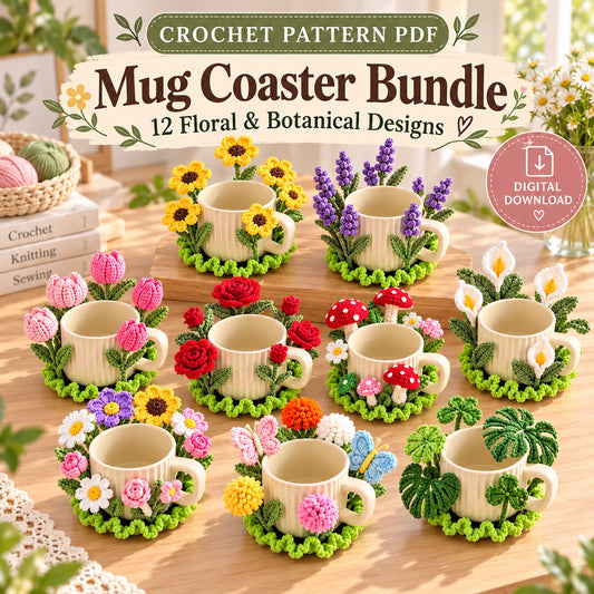 Crochet Mug Coaster Pattern Bundle PDF | 12 Floral & Botanical Designs