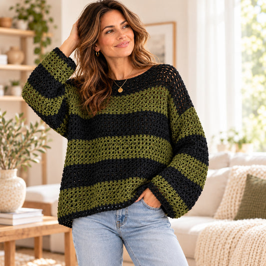 Oversized Crochet Sweater Pattern PDF | Striped Mesh Pullover