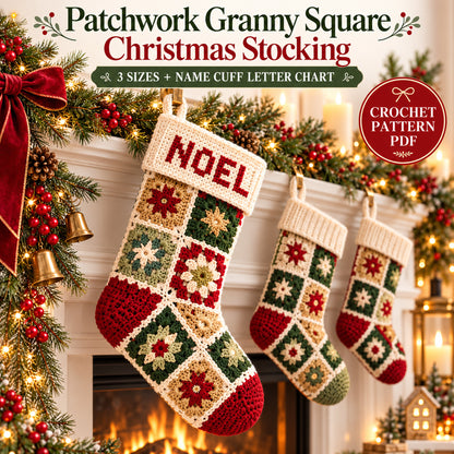 Patchwork Granny Square Christmas Stocking Crochet Pattern PDF – 3 Sizes