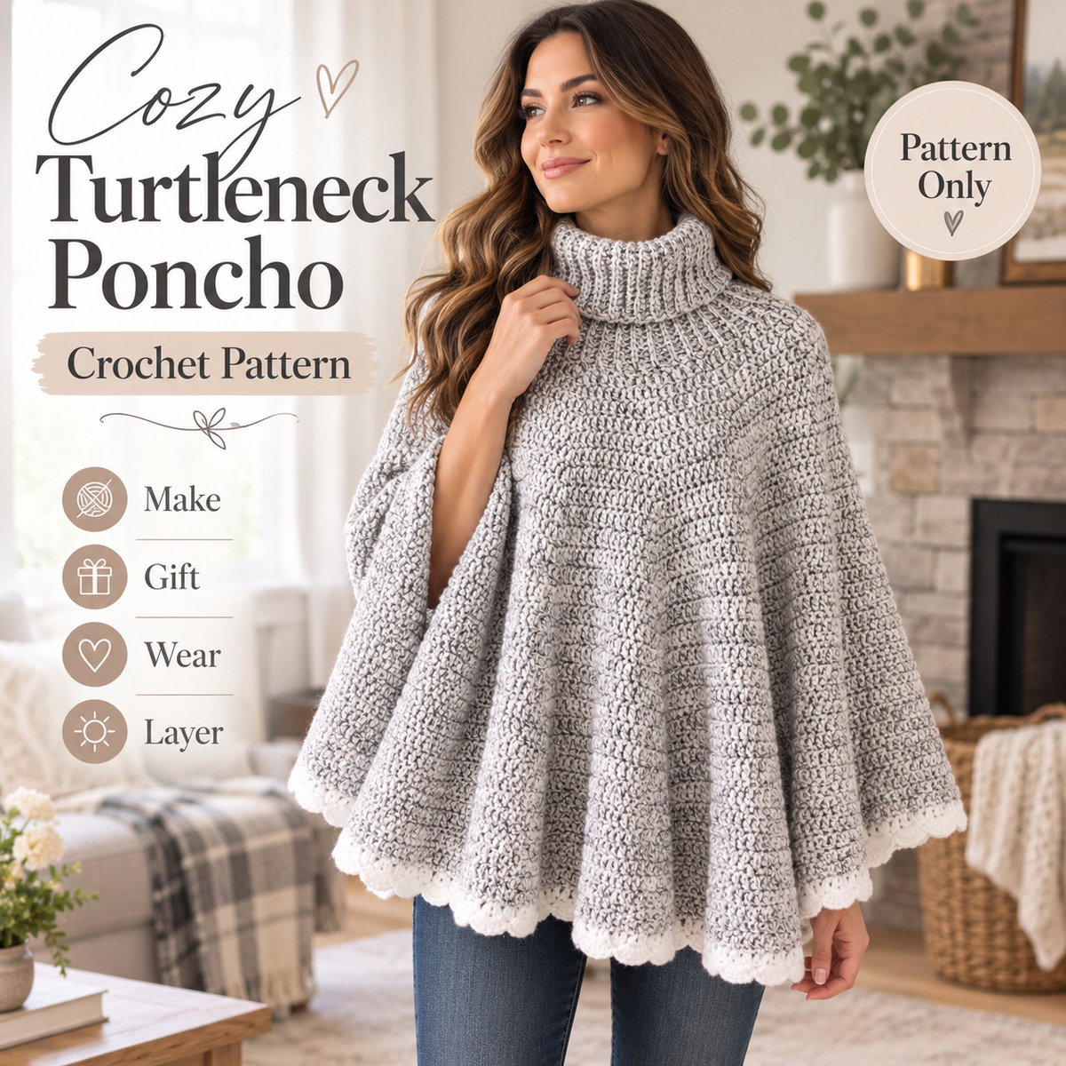 Crochet Turtleneck Poncho Pattern PDF – Cozy Women’s Crochet Cape Pattern