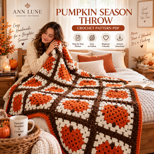 Pumpkin Season Throw Crochet Pattern PDF – Fall Pumpkin Granny Square Blanket Pattern