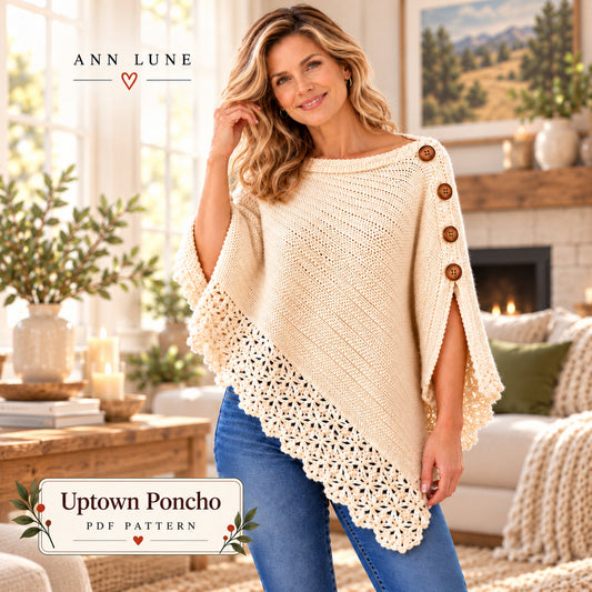 Uptown Poncho Crochet Pattern PDF – Lace Trim Button Poncho