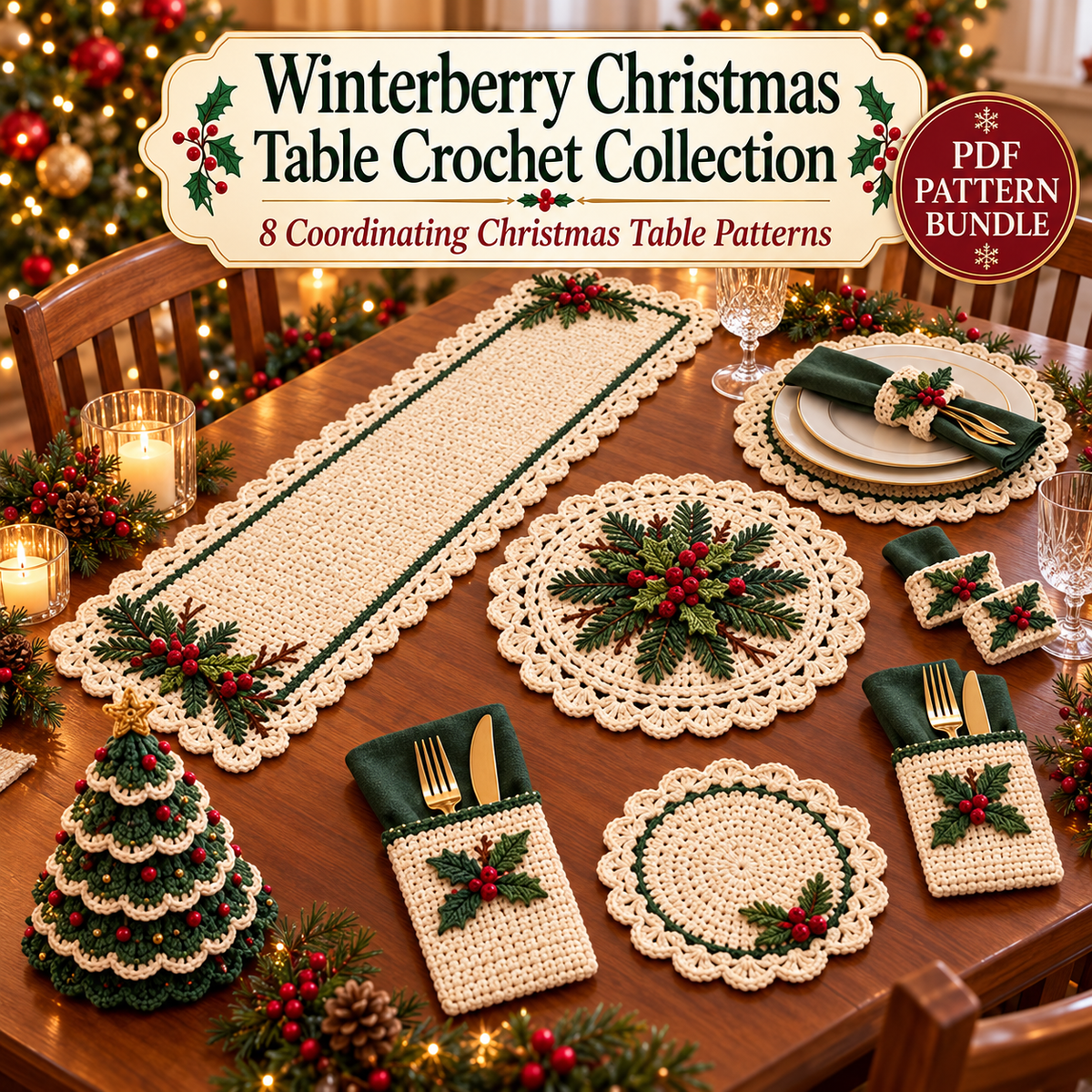 Winterberry Christmas Table Crochet Collection – 8 PDF Patterns