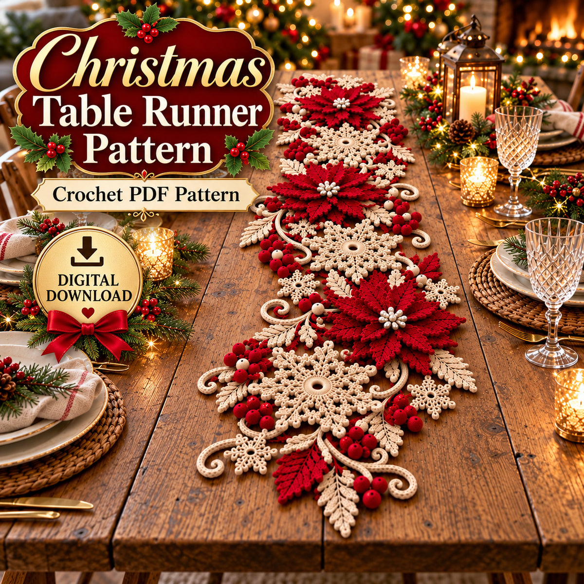 Christmas Poinsettia Table Runner Crochet Pattern PDF