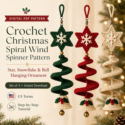 Crochet Christmas Spiral Wind Spinner Pattern PDF, Star Snowflake and Bell Hanging Ornament, Holiday Window Decor, Set of 3