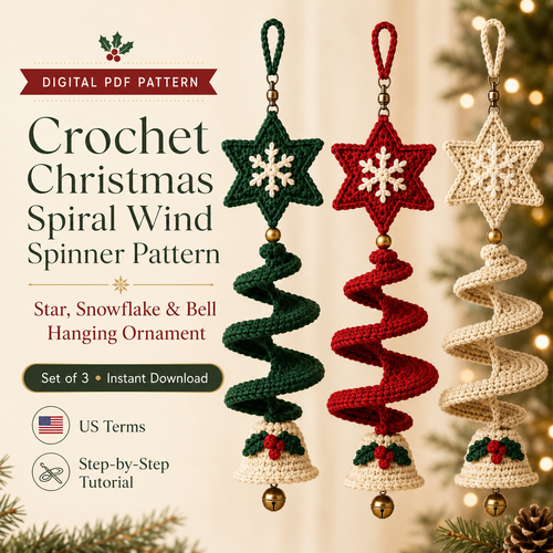 Crochet Christmas Spiral Wind Spinner Pattern PDF, Star Snowflake and Bell Hanging Ornament, Holiday Window Decor, Set of 3