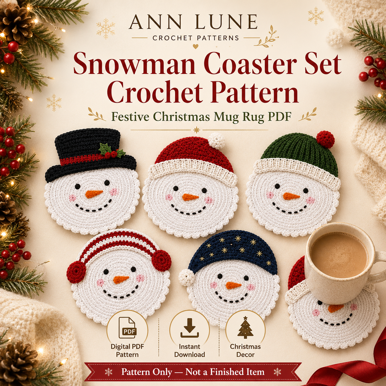 Snowman Coaster Set Crochet Pattern PDF – 5 Christmas Mug Rug Designs