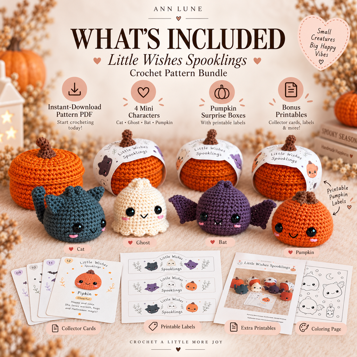 Halloween Crochet Pattern Bundle PDF | 4 Mini Amigurumi Spooklings + Pumpkin Box