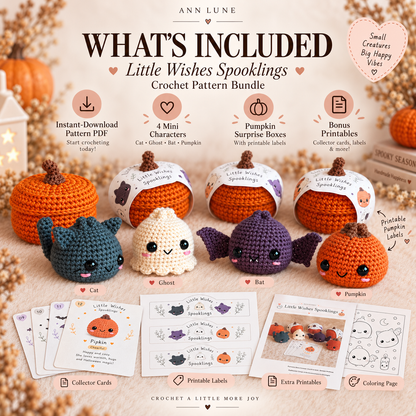 Halloween Crochet Pattern Bundle PDF | 4 Mini Amigurumi Spooklings + Pumpkin Box