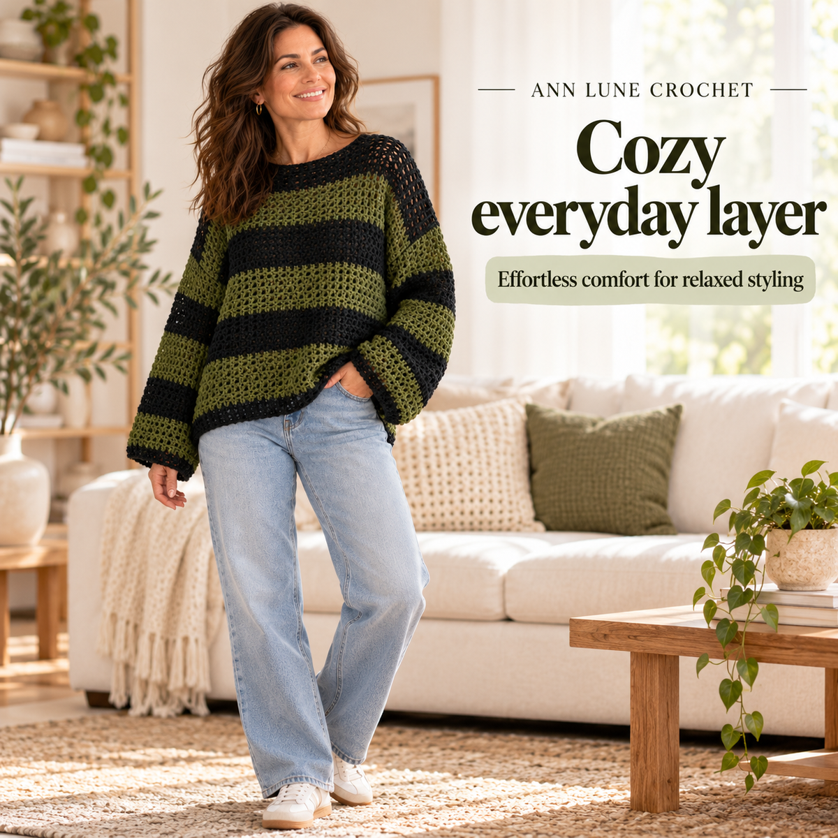 Oversized Crochet Sweater Pattern PDF | Striped Mesh Pullover