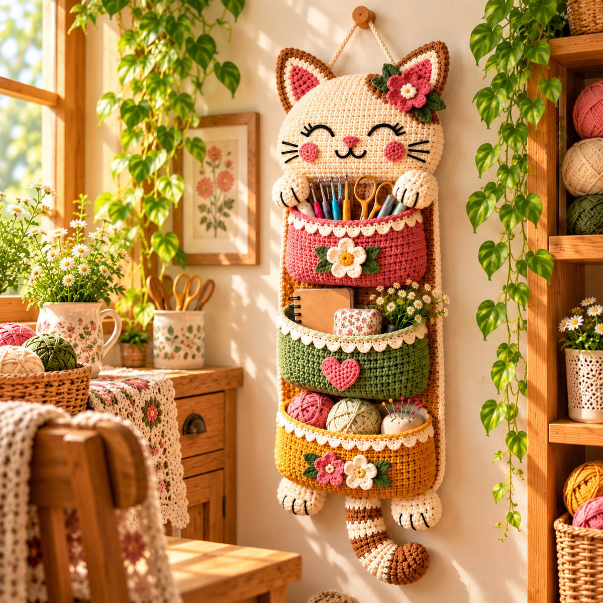 Cat Wall Organizer Crochet Pattern PDF – 3-Pocket Hanging Storage