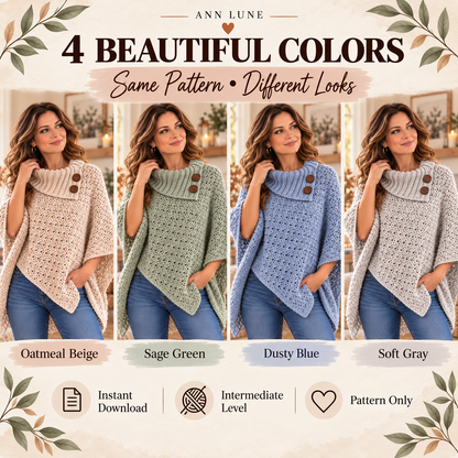 Cozy Buttoned Poncho Crochet Pattern PDF – Cowl Neck Crochet Wrap Pattern