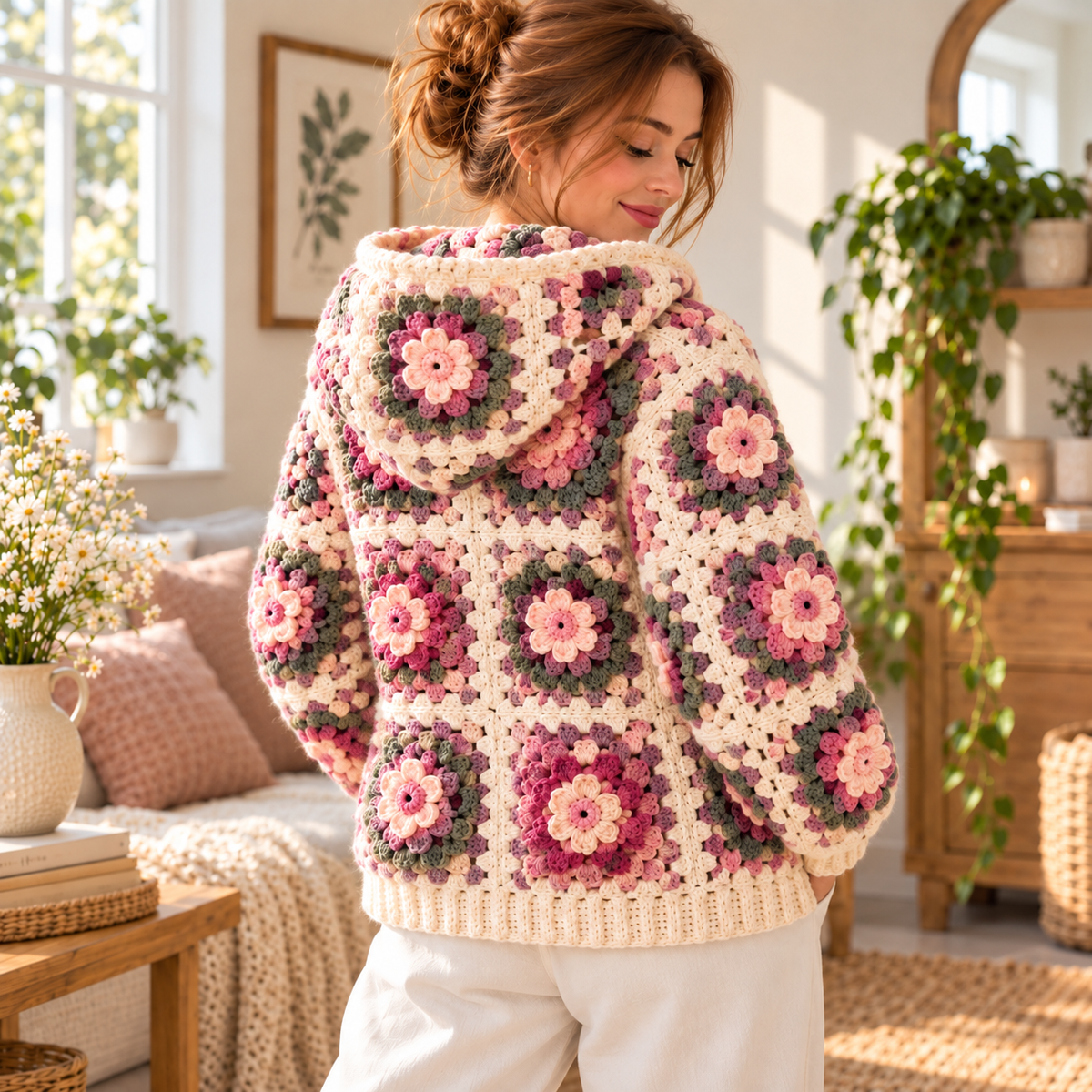 Floral Granny Square Zip Hoodie Crochet Pattern PDF | Flower Crochet Cardigan with Hood