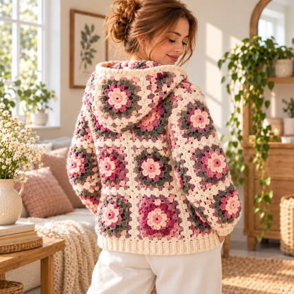 Floral Granny Square Zip Hoodie Crochet Pattern PDF | Flower Crochet Cardigan with Hood