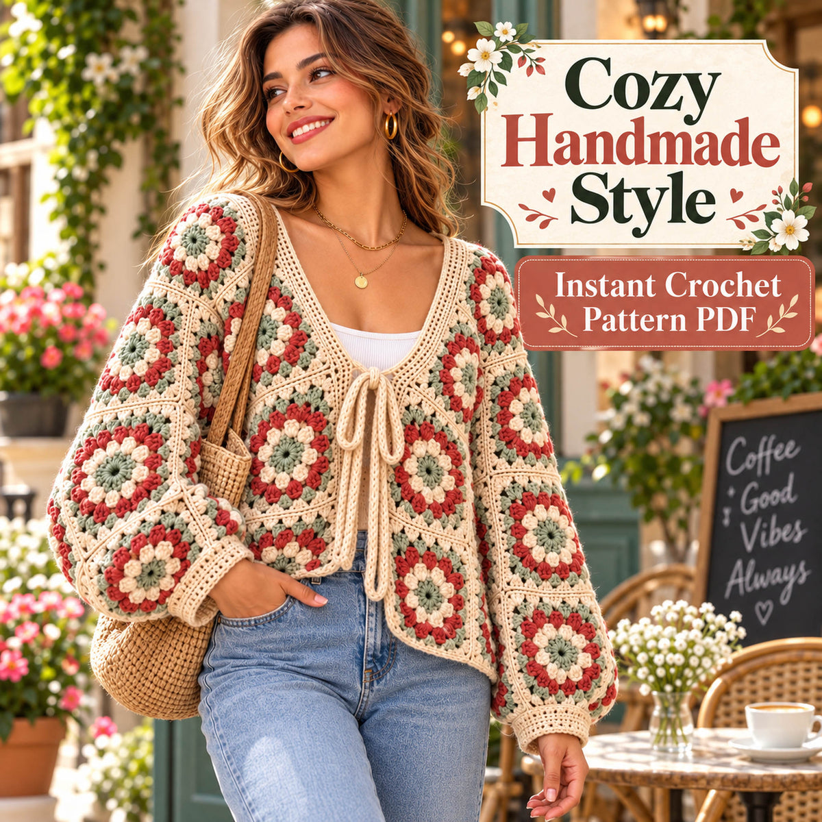 Floral Granny Square Cardigan Crochet Pattern PDF