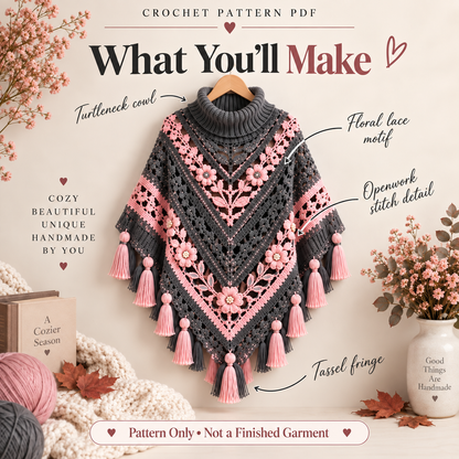 Floral Tassel Poncho Crochet Pattern PDF – Turtleneck Lace Poncho