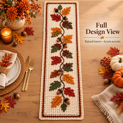 Autumn Oak Leaf Table Runner Crochet Pattern PDF – Fall Leaves & Acorn Table Decor