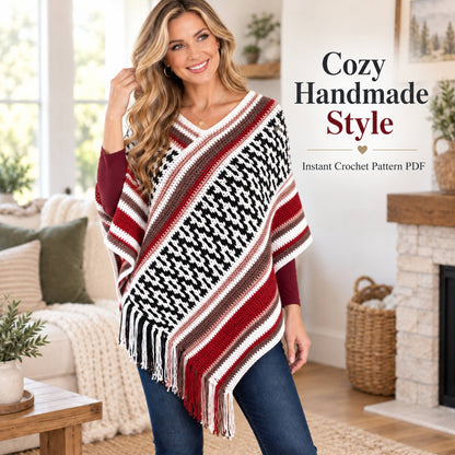 Houndstooth Fringe Poncho Crochet Pattern PDF