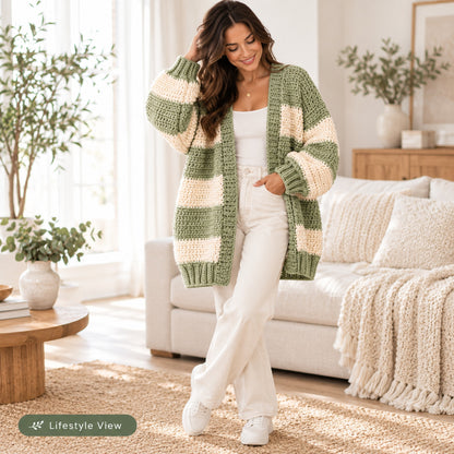 Oversized Chunky Cardigan Crochet Pattern PDF – Striped Cozy Cardigan