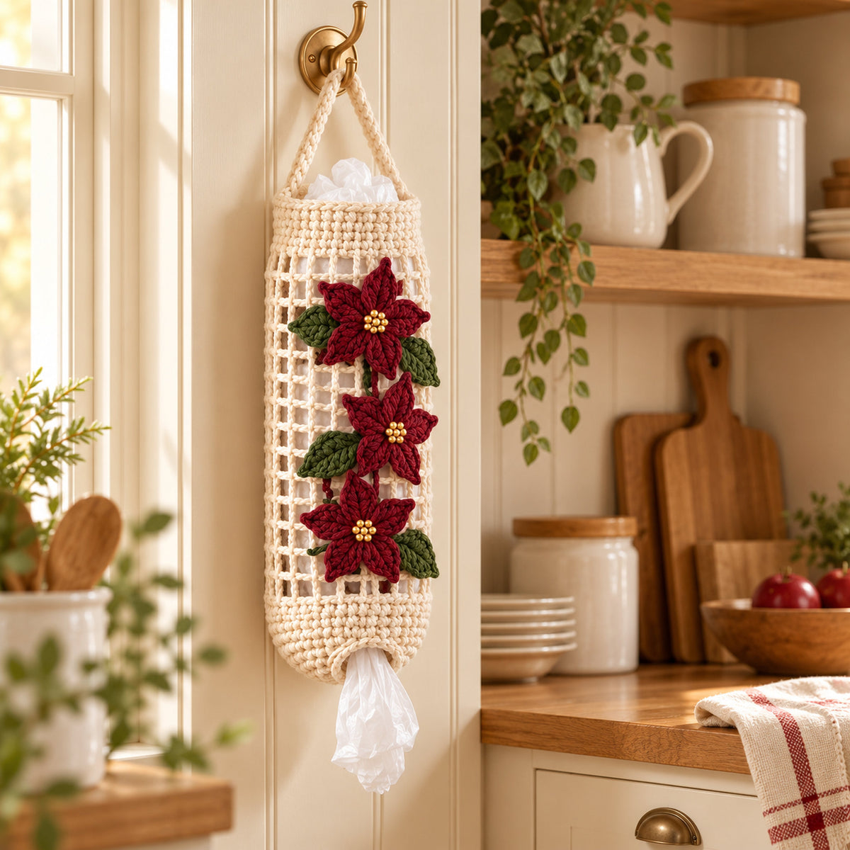 Poinsettia Crochet Bag Holder Pattern PDF – Christmas Kitchen Organizer