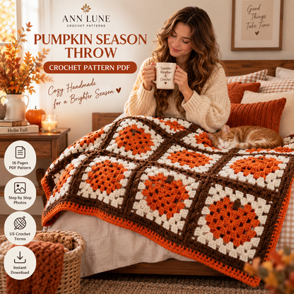 Pumpkin Season Throw Crochet Pattern PDF – Fall Pumpkin Granny Square Blanket Pattern