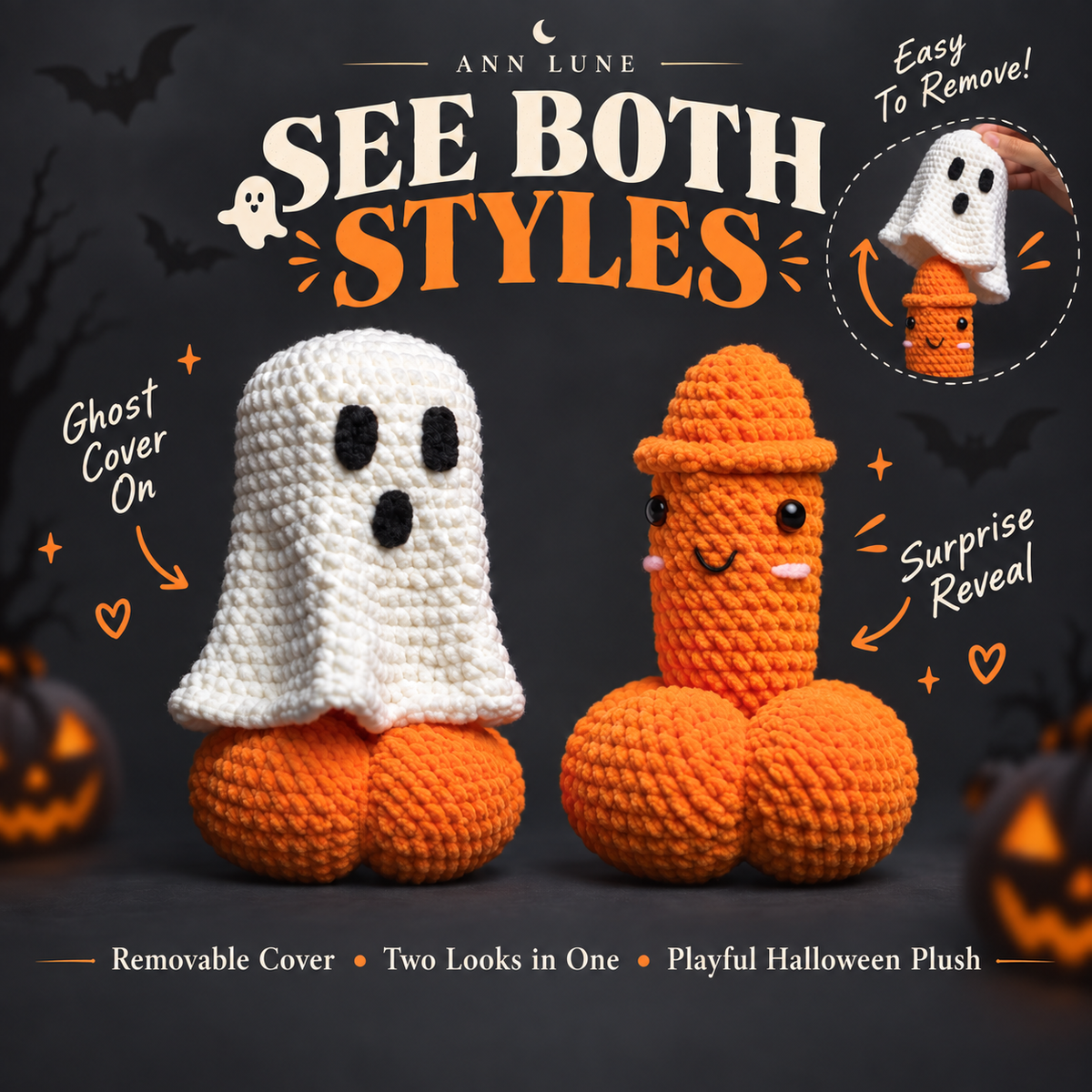Ghost Surprise Crochet Pattern PDF – Funny Halloween Plush with Removable Ghost Cover