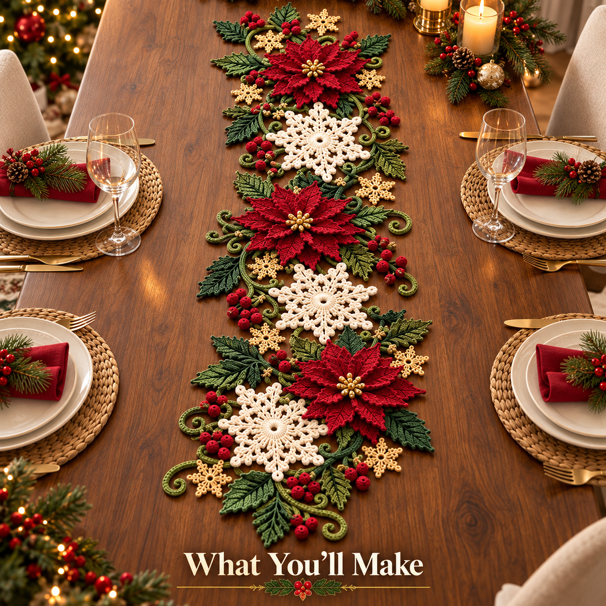 Christmas Poinsettia Table Runner Crochet Pattern PDF