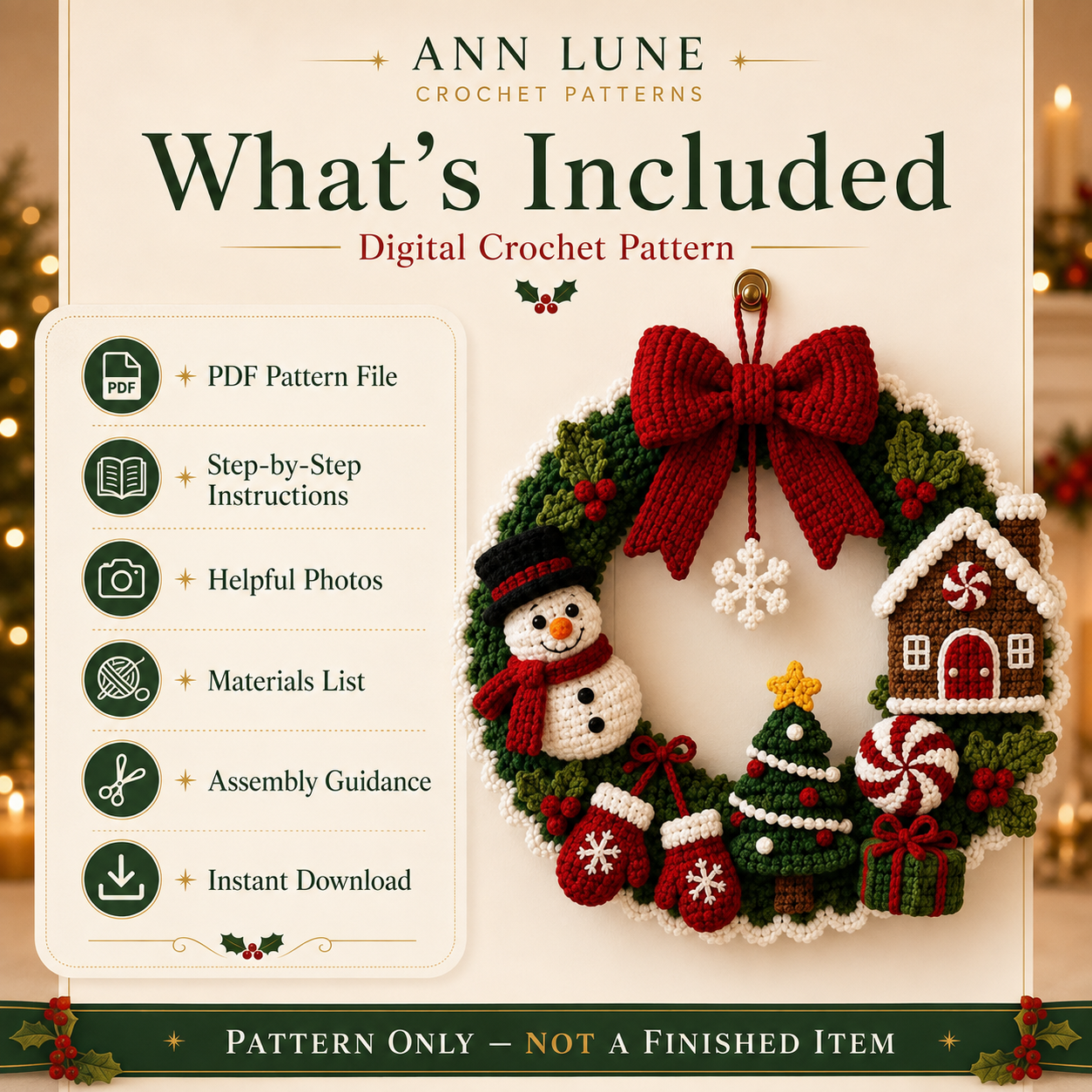 Christmas Crochet Wreath Pattern PDF – Snowman, Gingerbread House, Tree & Holiday Door Decor