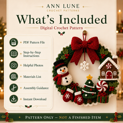 Christmas Crochet Wreath Pattern PDF – Snowman, Gingerbread House, Tree & Holiday Door Decor