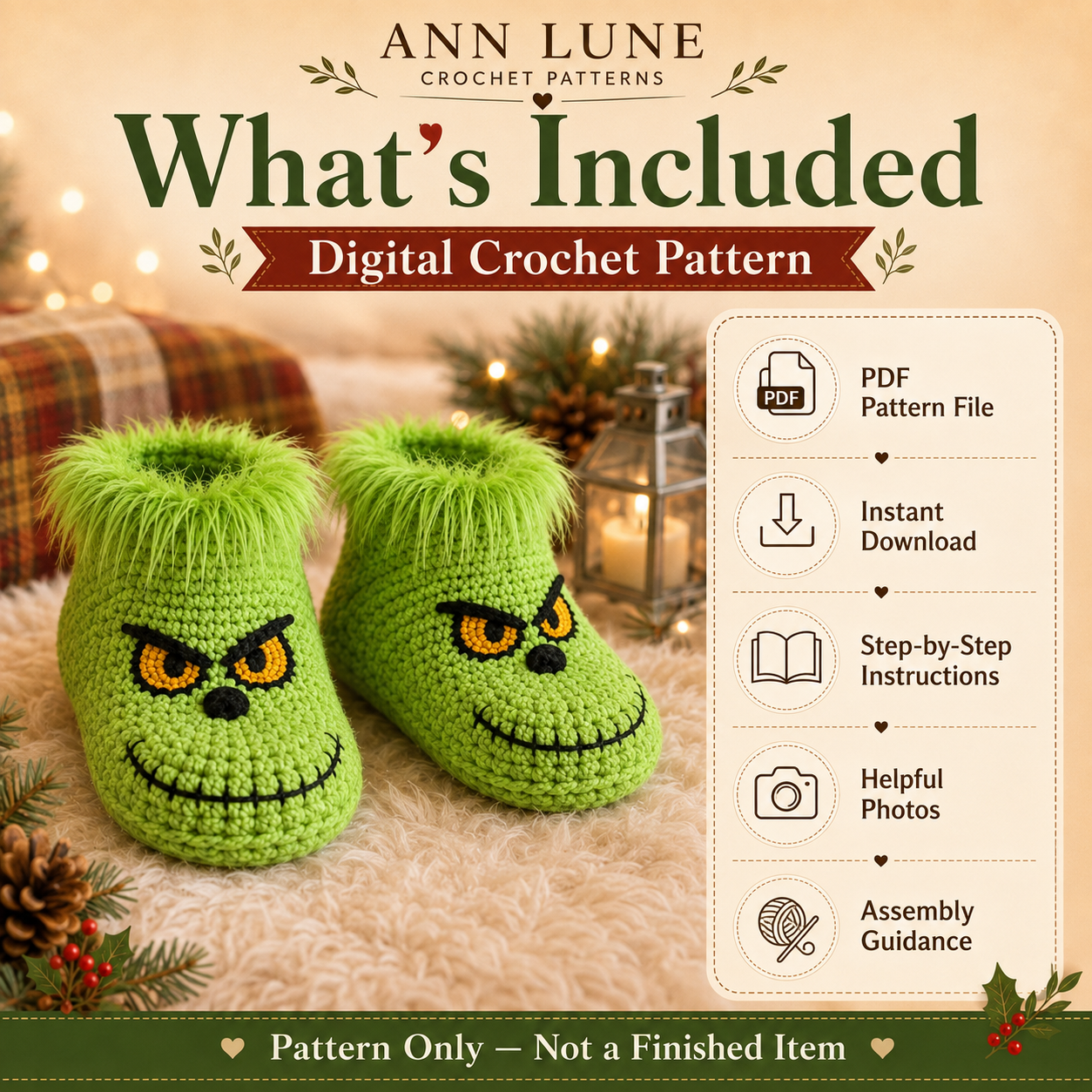 Green Christmas Slippers Crochet Pattern PDF – Cozy Holiday House Slippers