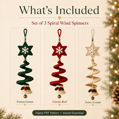 Crochet Christmas Spiral Wind Spinner Pattern PDF, Star Snowflake and Bell Hanging Ornament, Holiday Window Decor, Set of 3