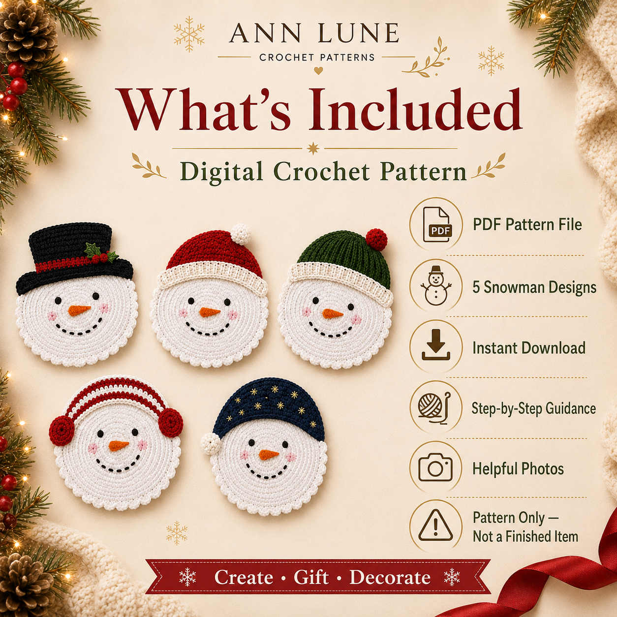 Snowman Coaster Set Crochet Pattern PDF – 5 Christmas Mug Rug Designs