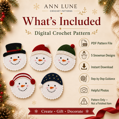 Snowman Coaster Set Crochet Pattern PDF – 5 Christmas Mug Rug Designs