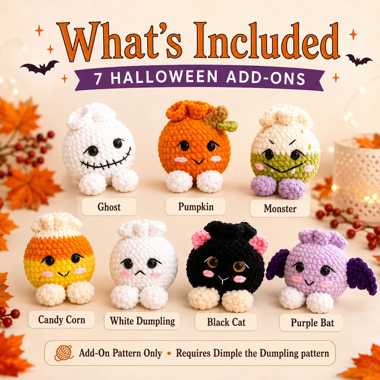 Halloween Dimple Add Ons , Crochet Pattern , Dimple the Dumpling Halloween Modifications , 7 Halloween Crochet , One PDF file