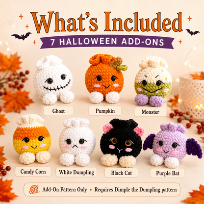 Halloween Dimple Add Ons , Crochet Pattern , Dimple the Dumpling Halloween Modifications , 7 Halloween Crochet , One PDF file