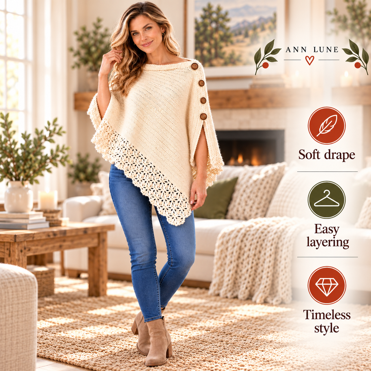 Uptown Poncho Crochet Pattern PDF – Lace Trim Button Poncho
