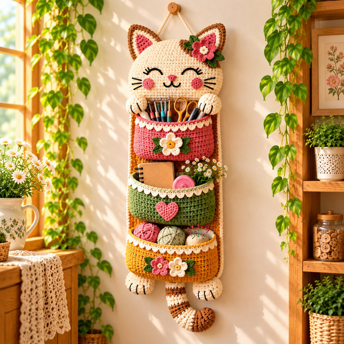 Cat Wall Organizer Crochet Pattern PDF – 3-Pocket Hanging Storage