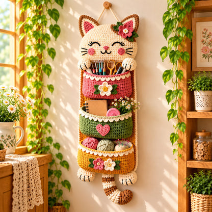 Cat Wall Organizer Crochet Pattern PDF – 3-Pocket Hanging Storage