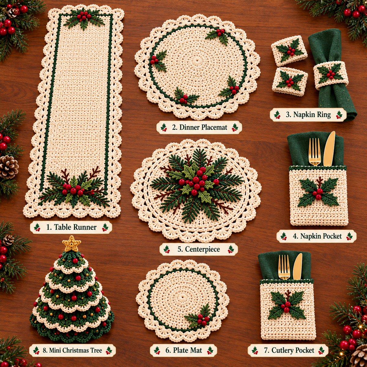 Winterberry Christmas Table Crochet Collection – 8 PDF Patterns