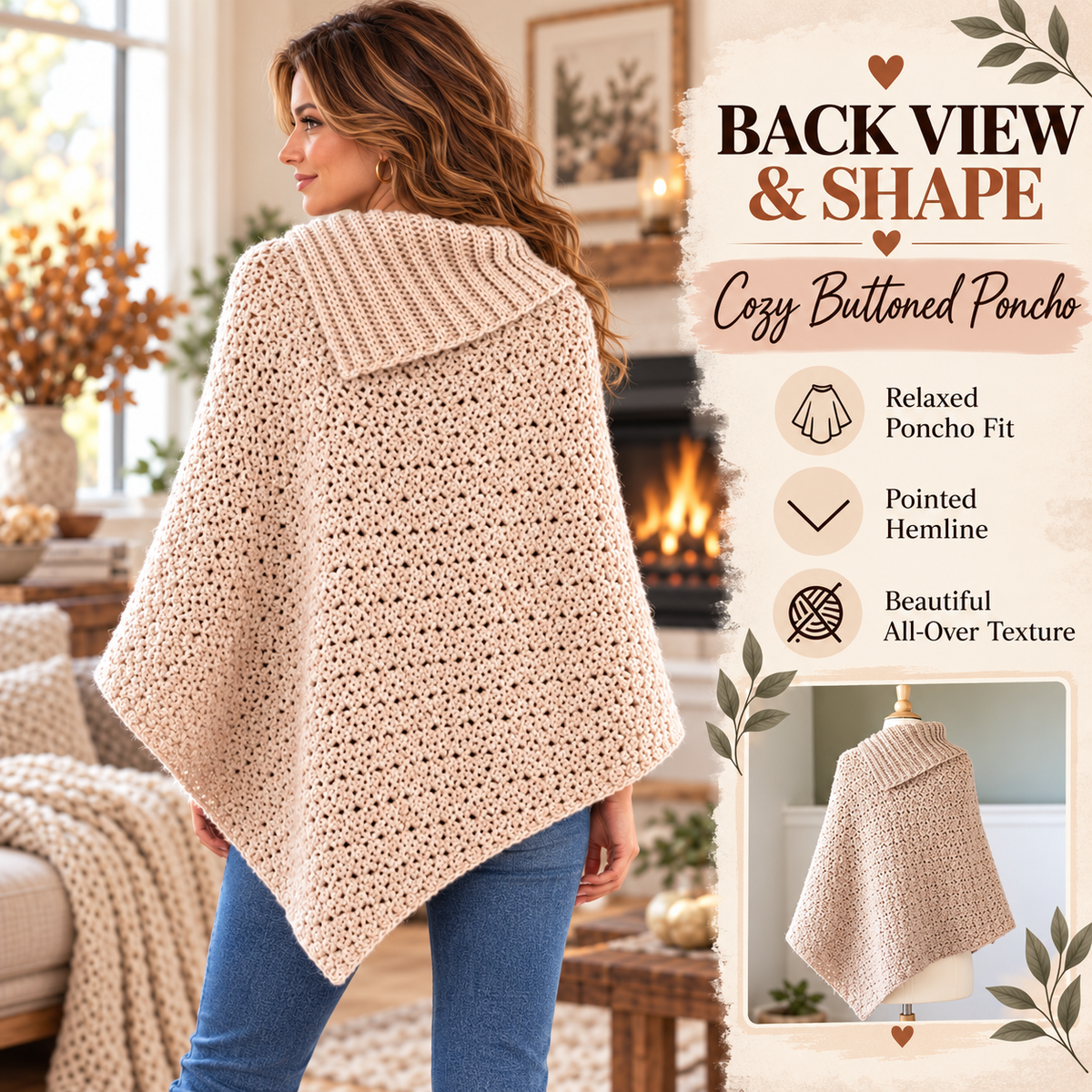 Cozy Buttoned Poncho Crochet Pattern PDF – Cowl Neck Crochet Wrap Pattern