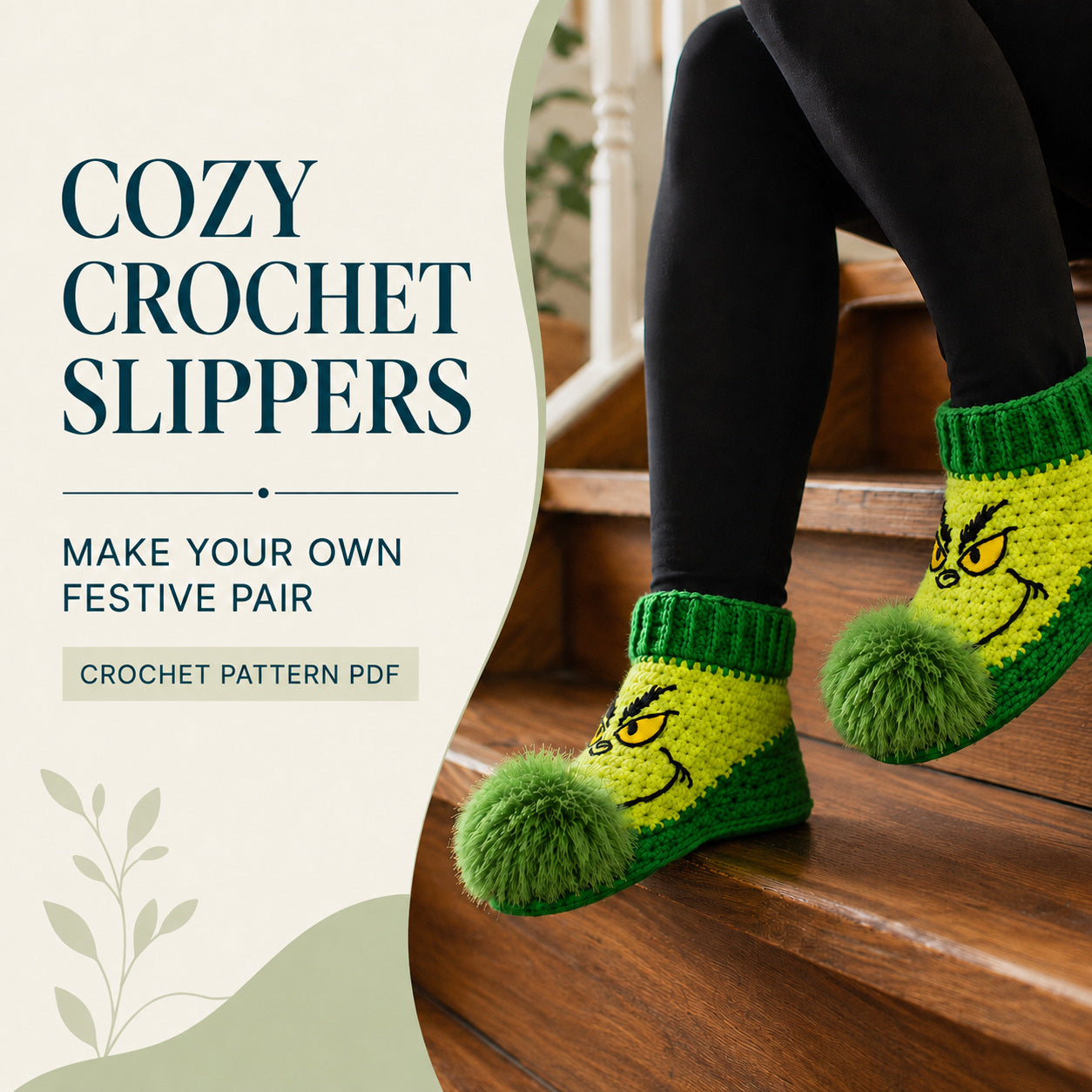Green Christmas Slippers Crochet Pattern PDF | Cozy Holiday Socks